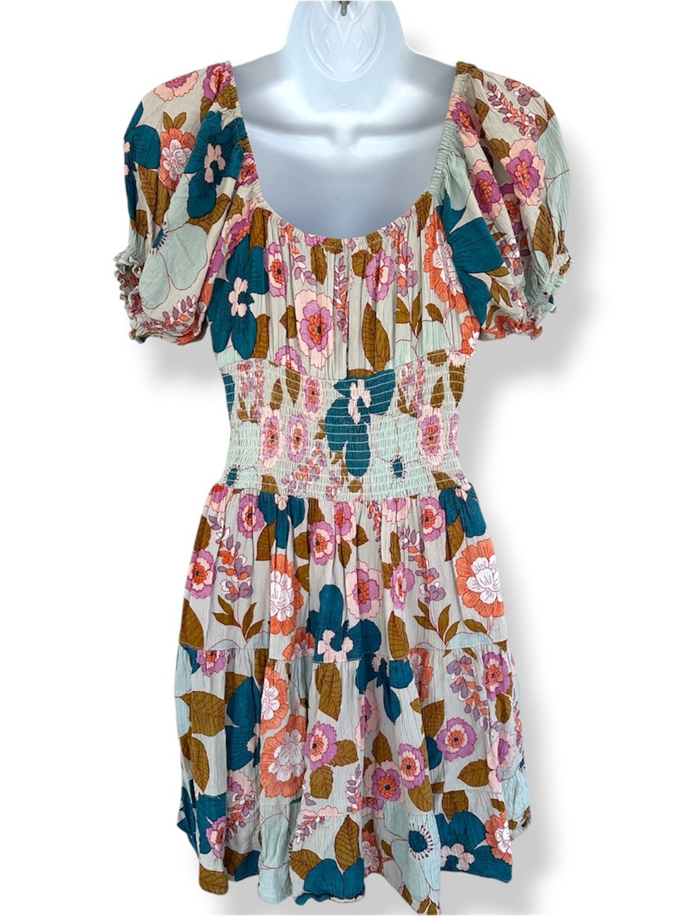 Angie Teal, Pink and Brown Floral Puff-Sleeve Smocked Mini Dress - Picture 6 of 7